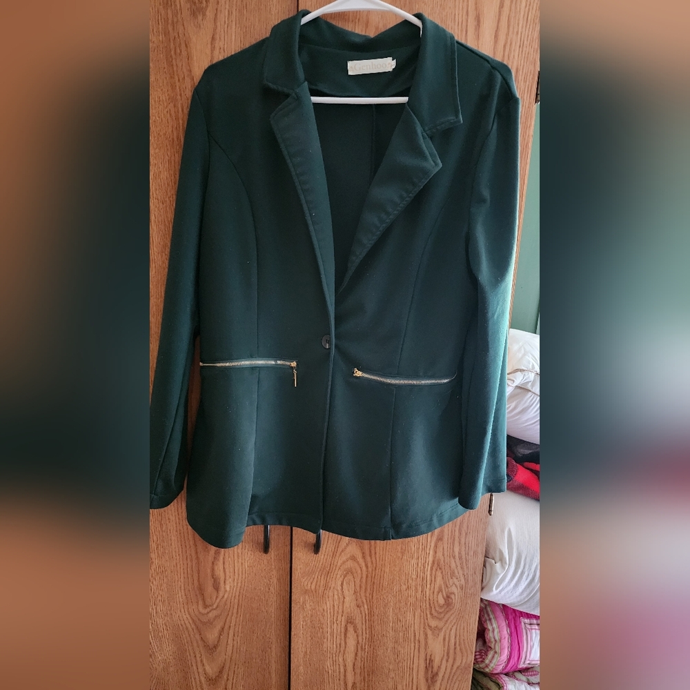 Elegant Forest Green Blazer with Gold Zipper Details